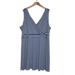 Maurice 2X blue, white + lavender striped‎ faux wrap rayon knit midi dress